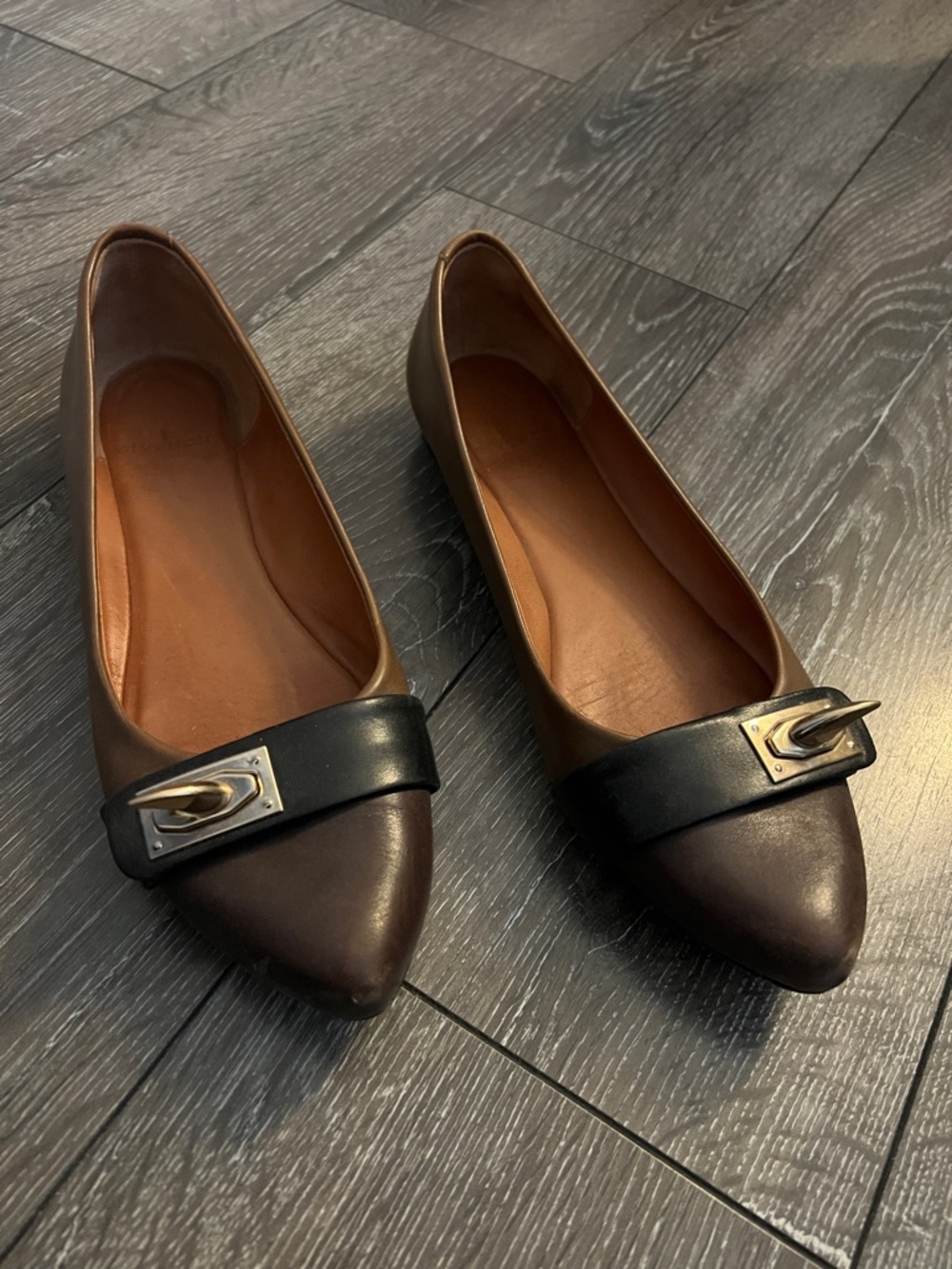 Givenchy Brown Leather Pointed Toe Flats with Black Strap and Gold Claw Buckle